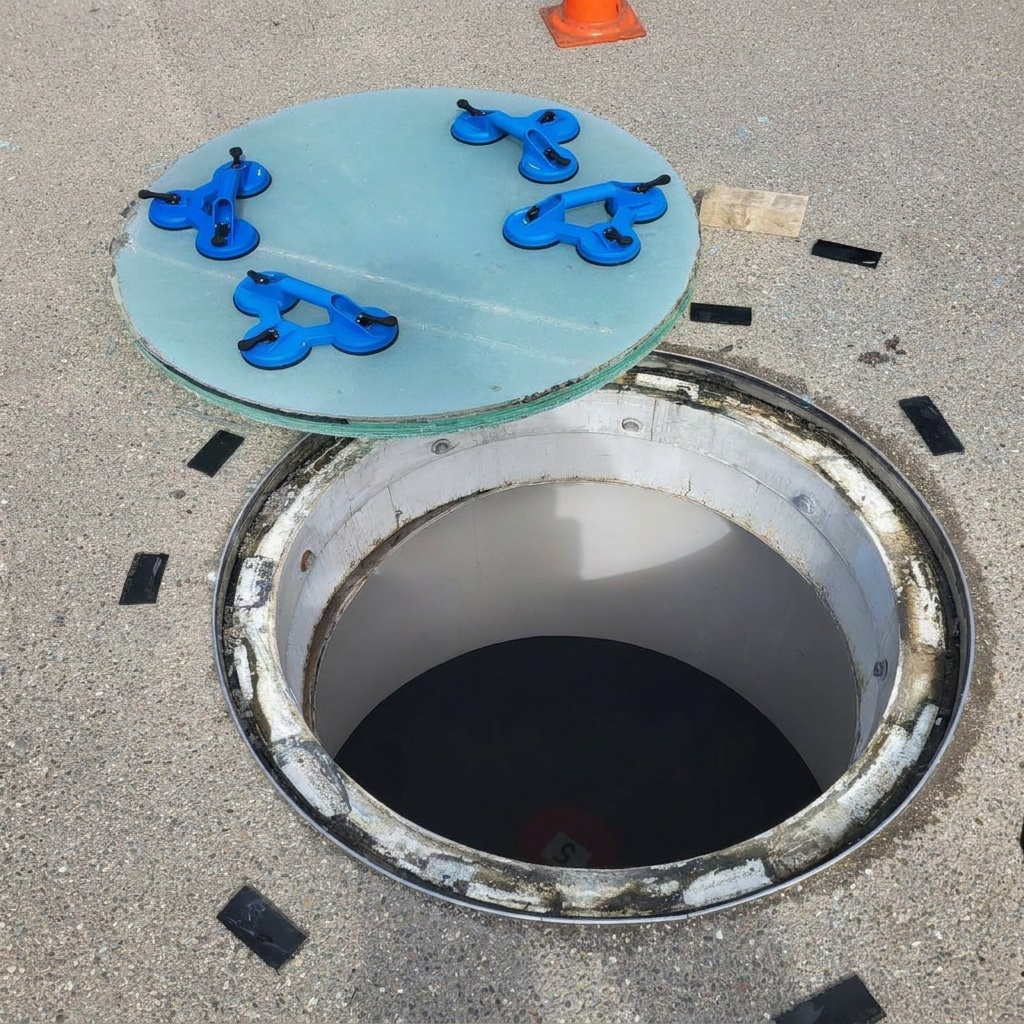 Geopend luik met het ronde beloopbare glaspaneel ernaast, vastgehouden met blauwe zuignappen