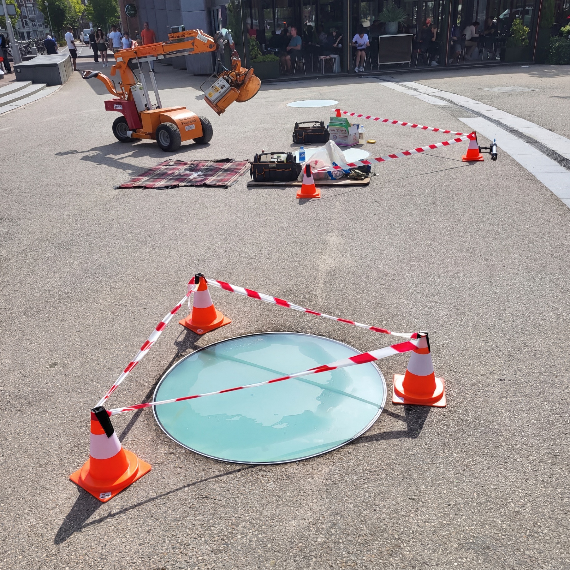 Beloopbaar glasluik op het Museumplein klaar voor plaatsing, met gereedschap en hoogwerker op de achtergrond