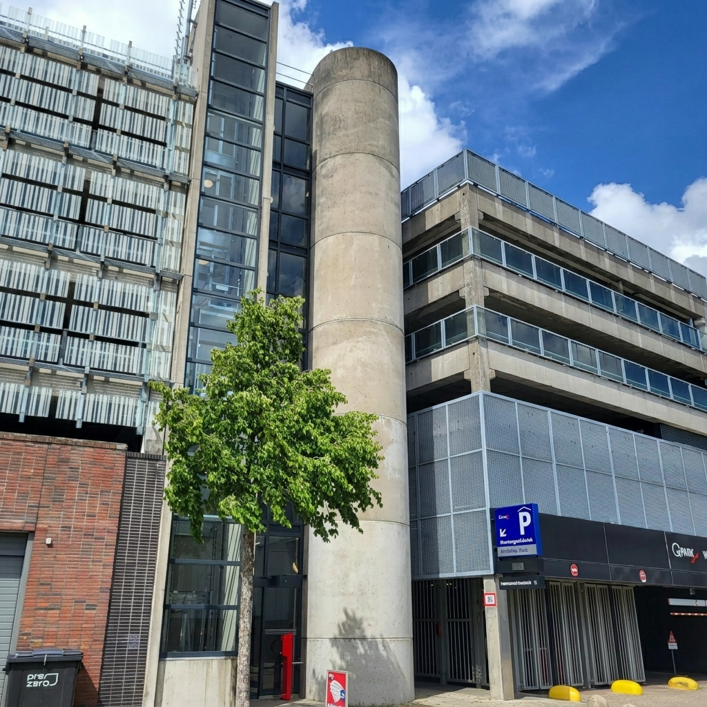 Detail van de gevelbeglazing bij de Q-Park parkeergarage